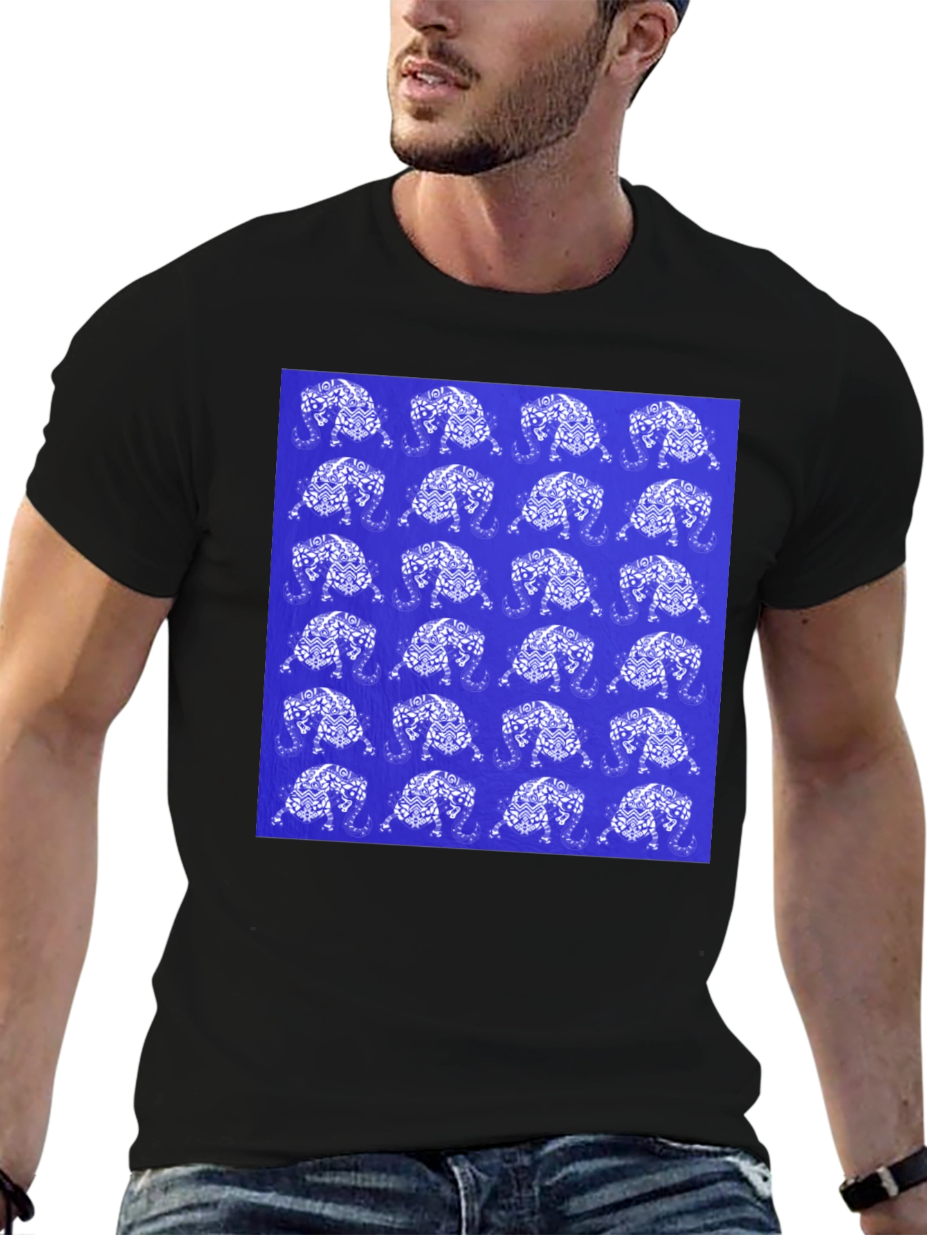 Patterned Elephant Print Crew Neck T-Shirt