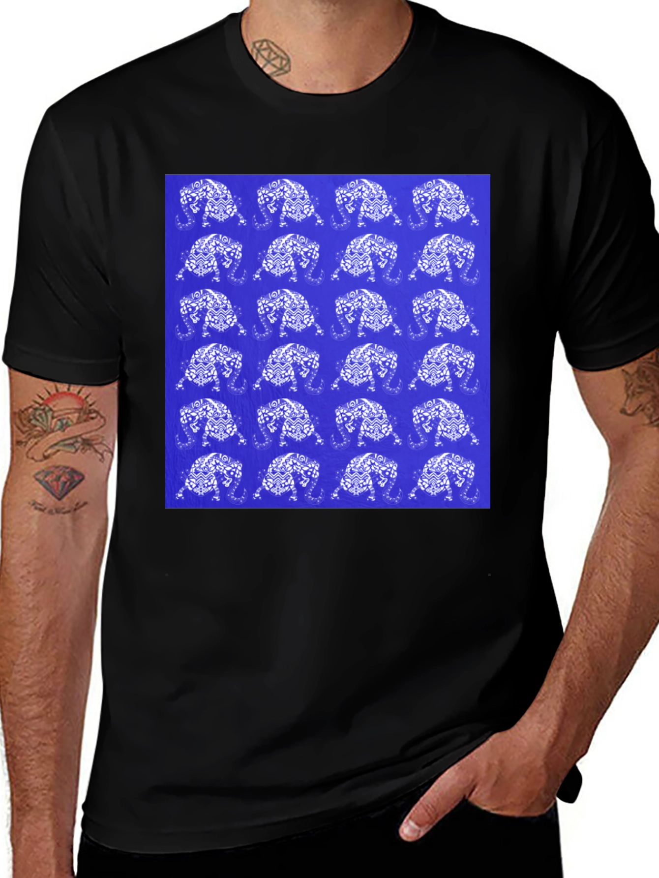 Patterned Elephant Print Crew Neck T-Shirt