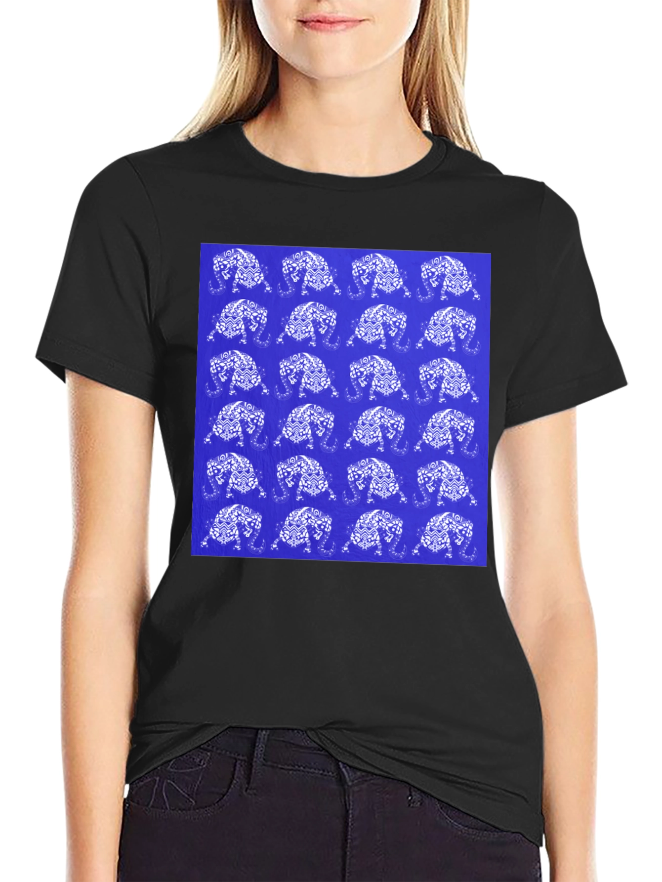 Patterned Elephant Print Crew Neck T-Shirt