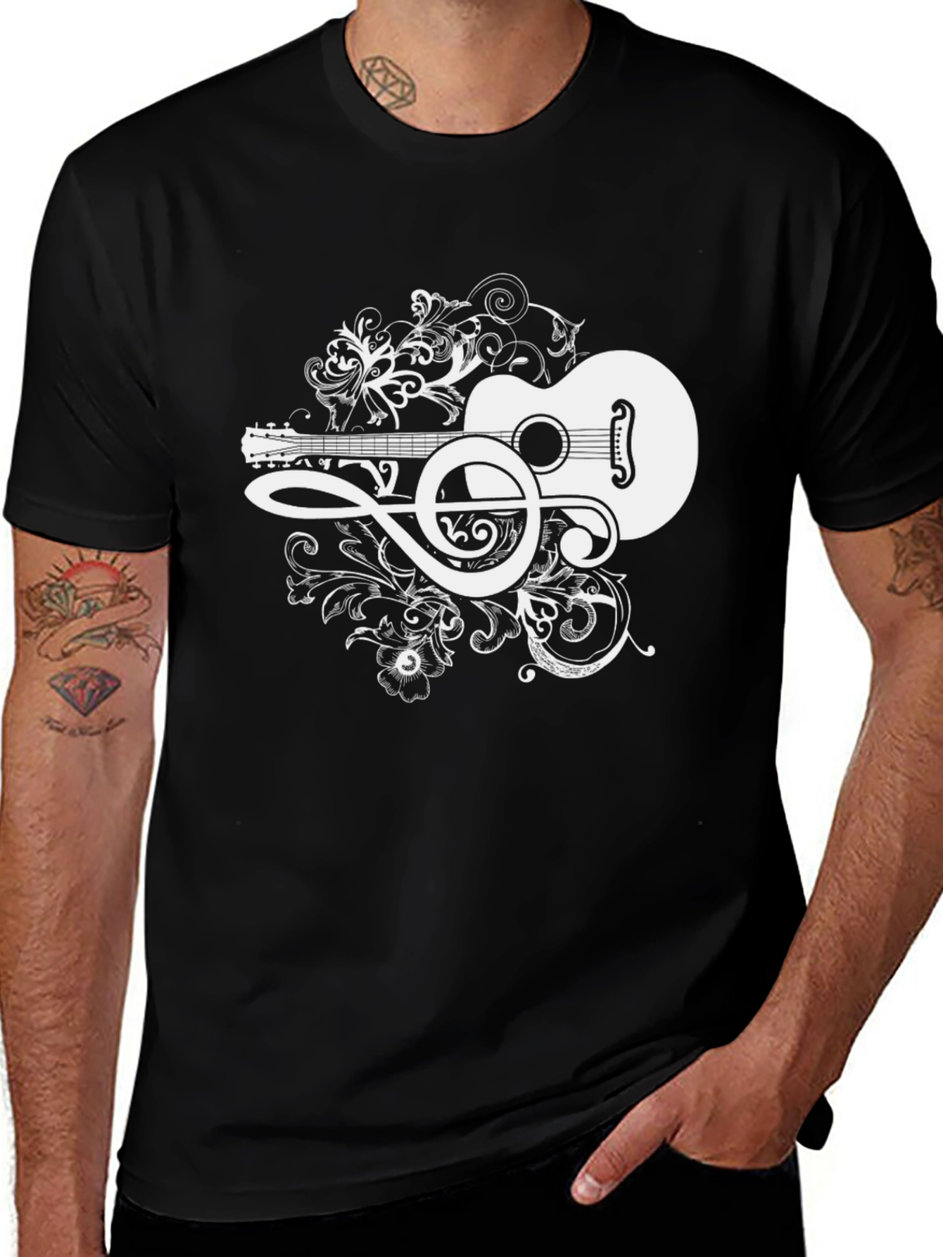 Acoustic Guitar Treble Clef Graphic Tee - Black