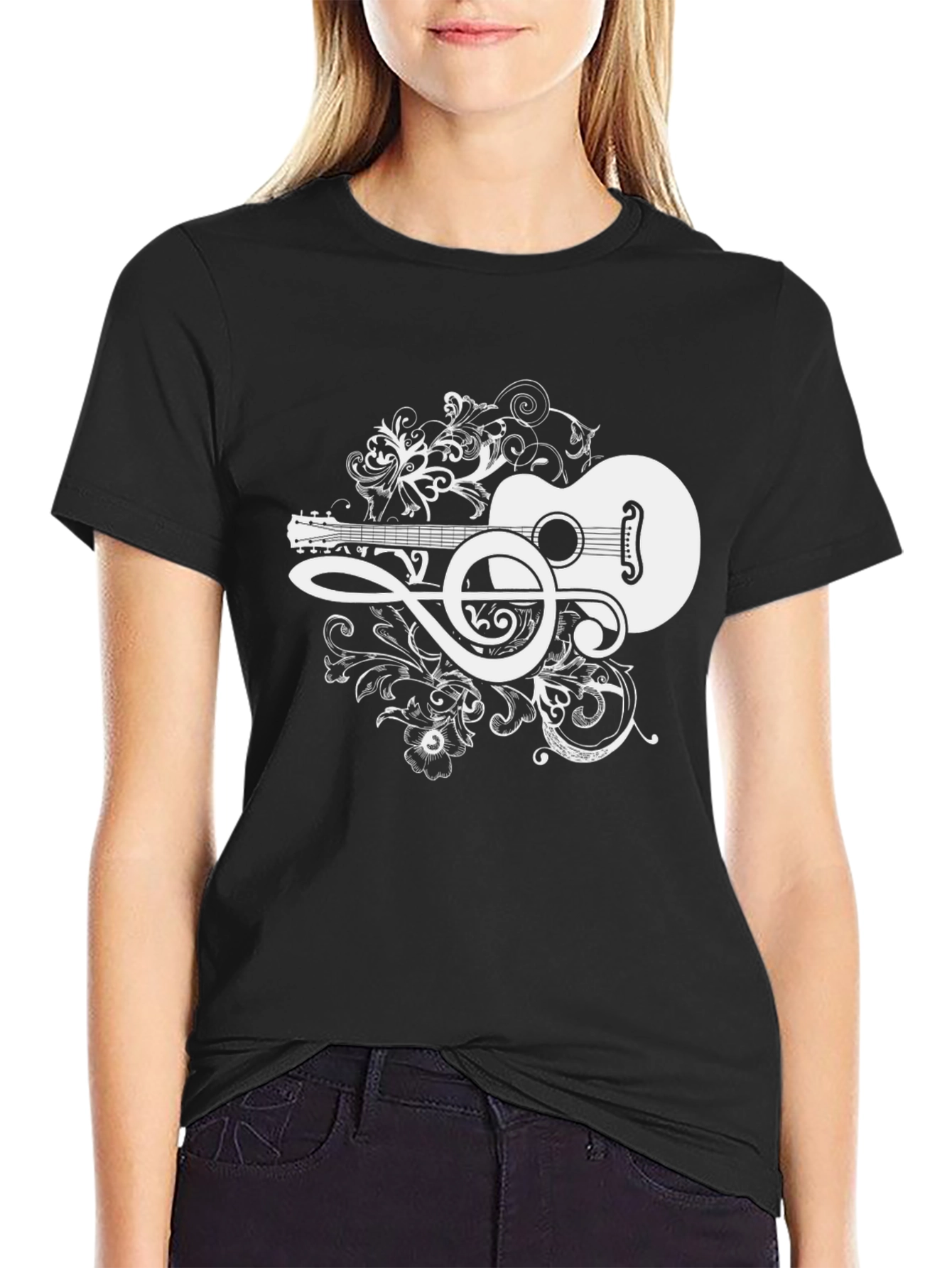 Acoustic Guitar Treble Clef Graphic Tee - Black