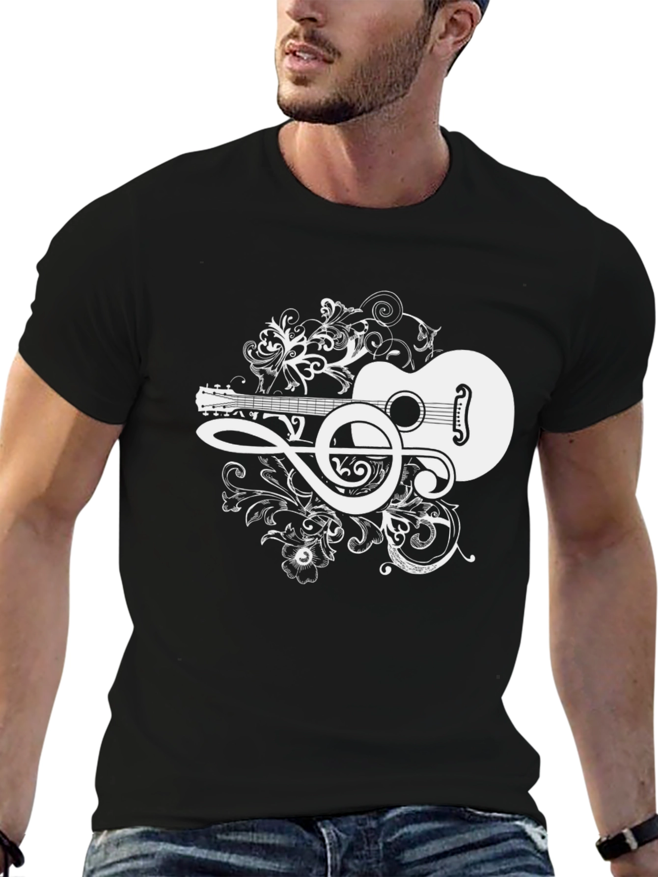 Acoustic Guitar Treble Clef Graphic Tee - Black