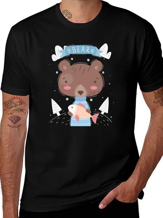 Bear with Fish Graphic Tee - Cute Cartoon Style Shirt