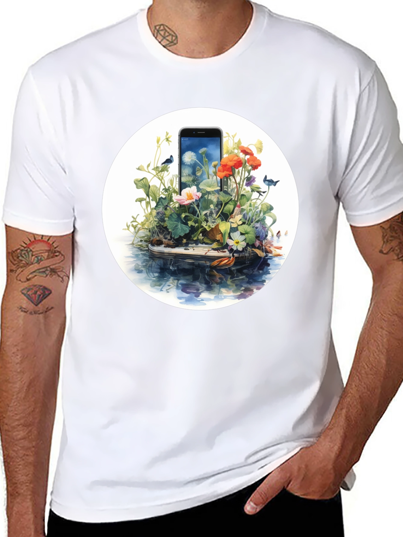 Nature Meets Tech T-Shirt - Floral Phone Design