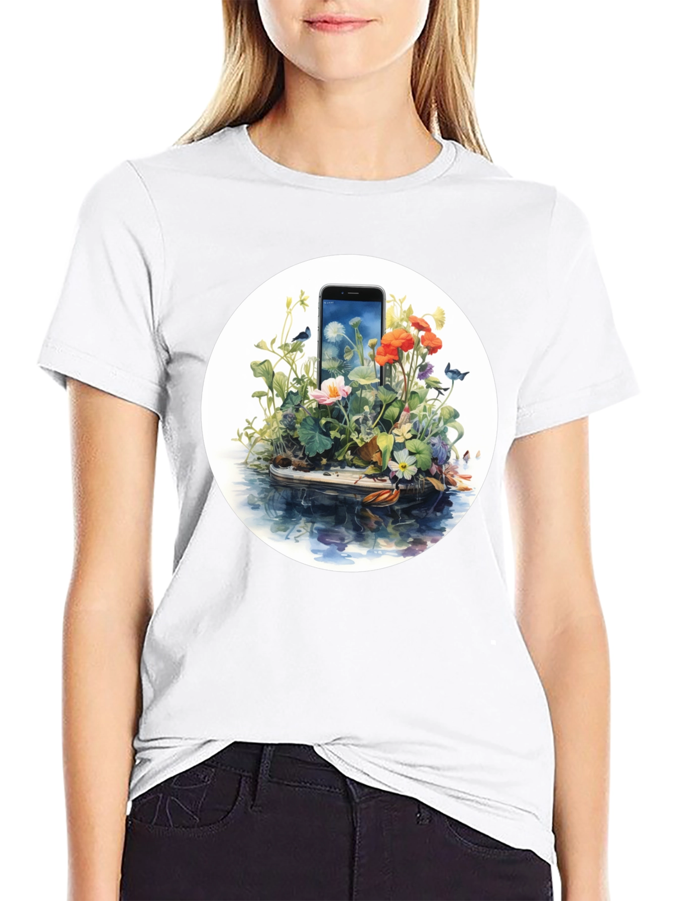 Nature Meets Tech T-Shirt - Floral Phone Design