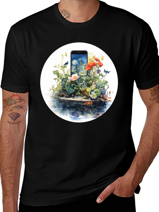 Nature Meets Tech T-Shirt - Floral Phone Design