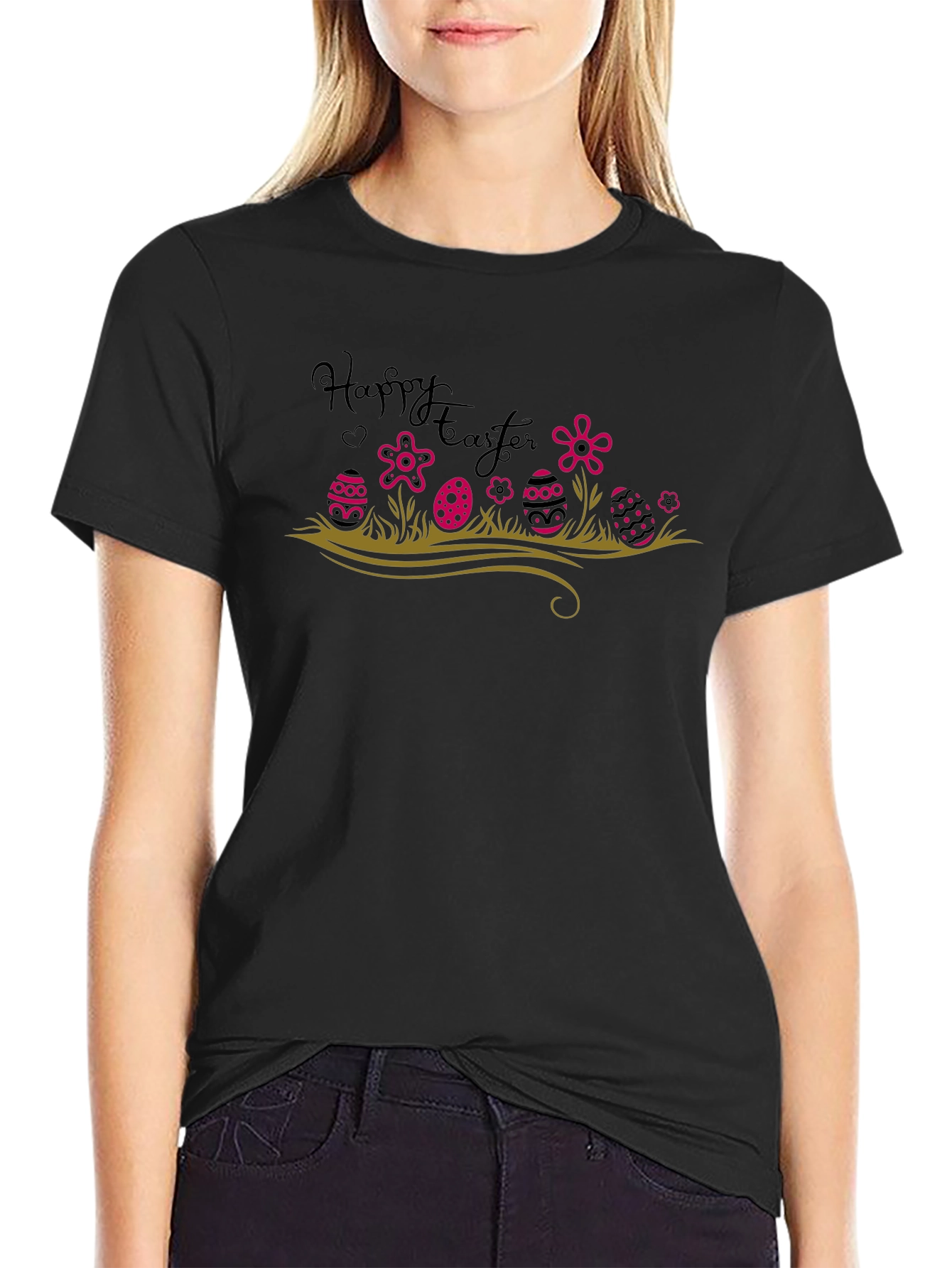 Happy Easter T-Shirt Easter Eggs and Flowers Black Tee