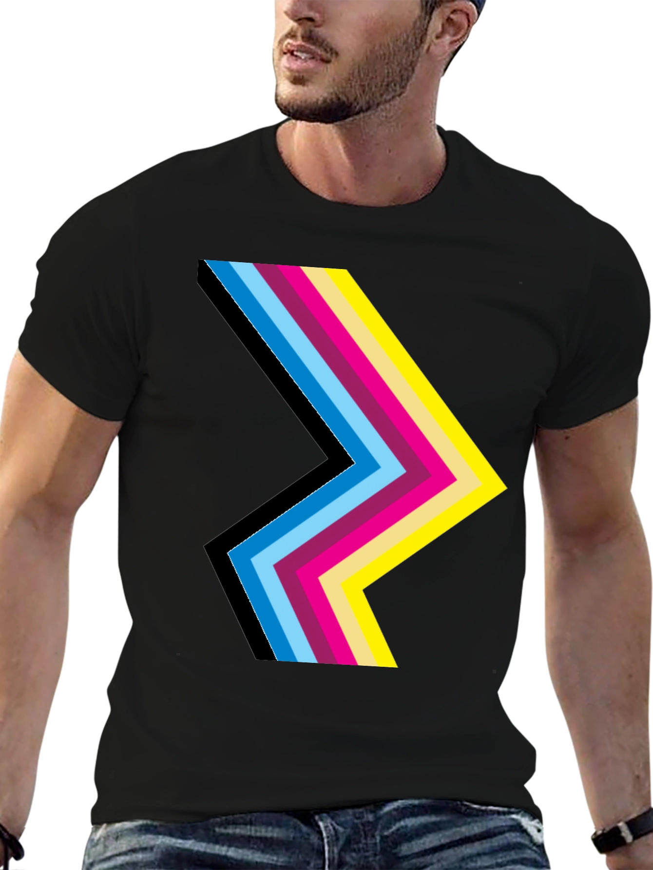Stripped Chevron Graphic Print Black T-Shirt