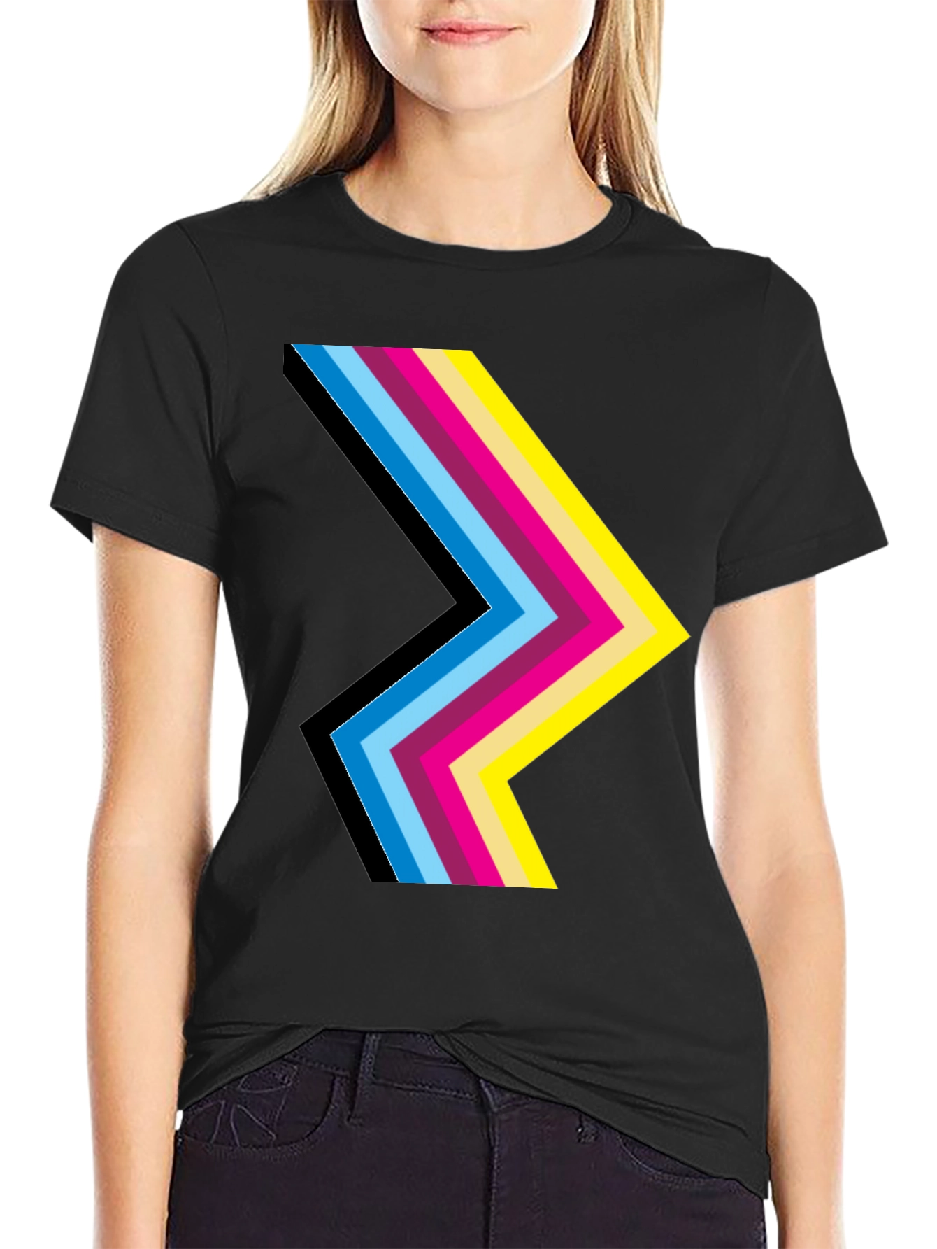 Stripped Chevron Graphic Print Black T-Shirt
