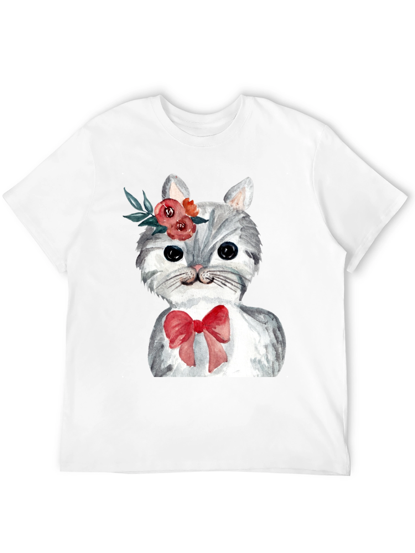 Cat with Flowers & Bow T-Shirt - Black