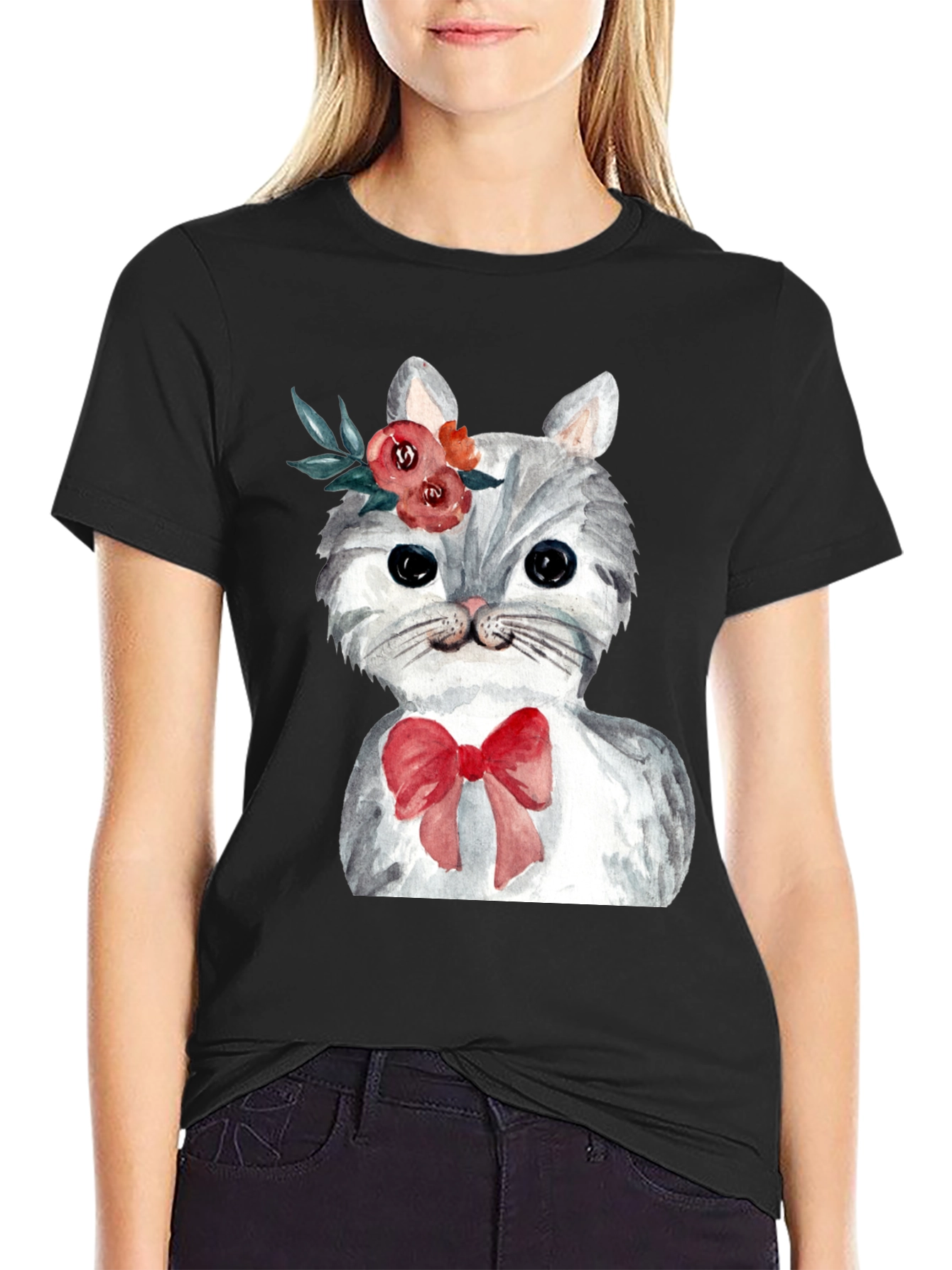 Cat with Flowers & Bow T-Shirt - Black