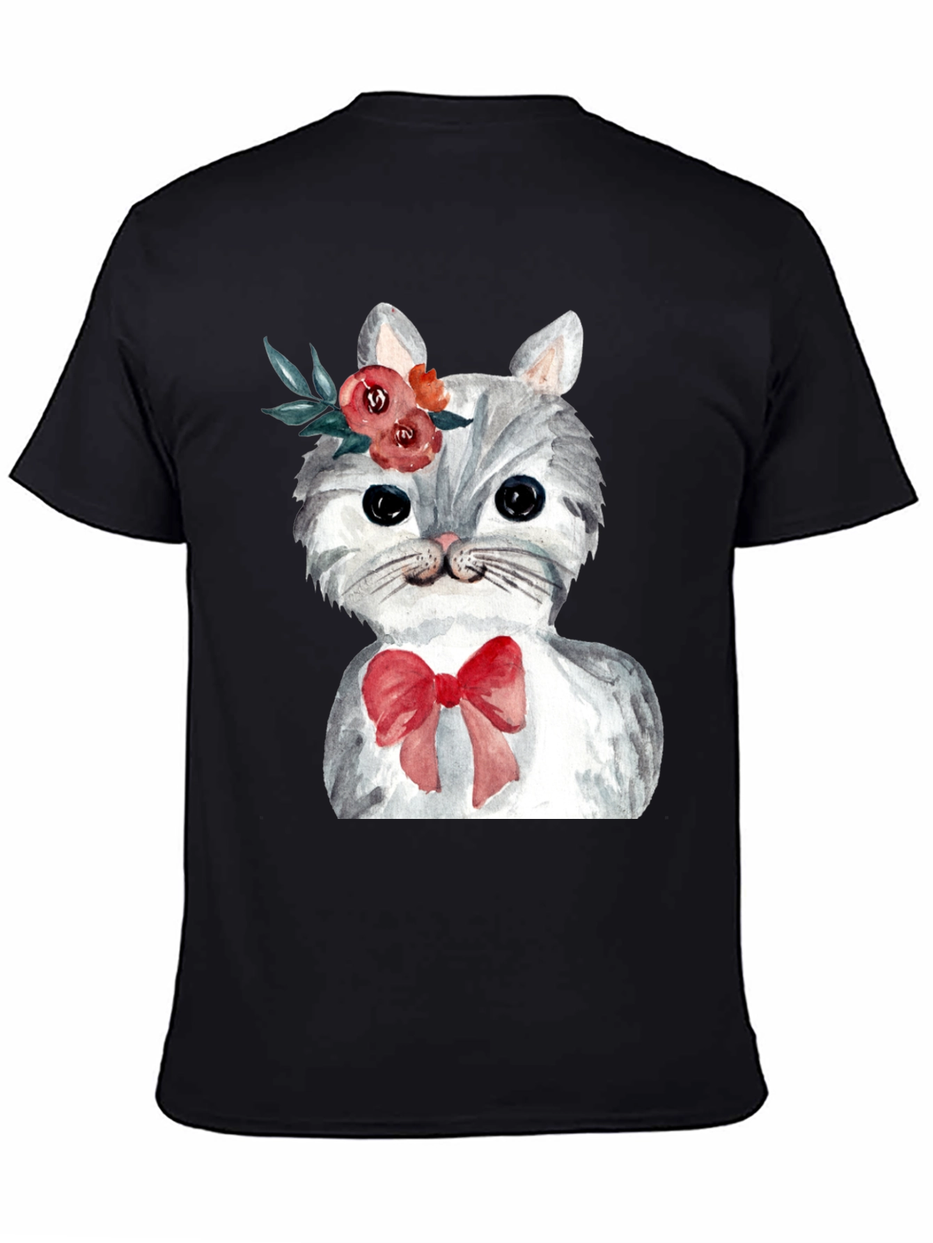 Cat with Flowers & Bow T-Shirt - Black