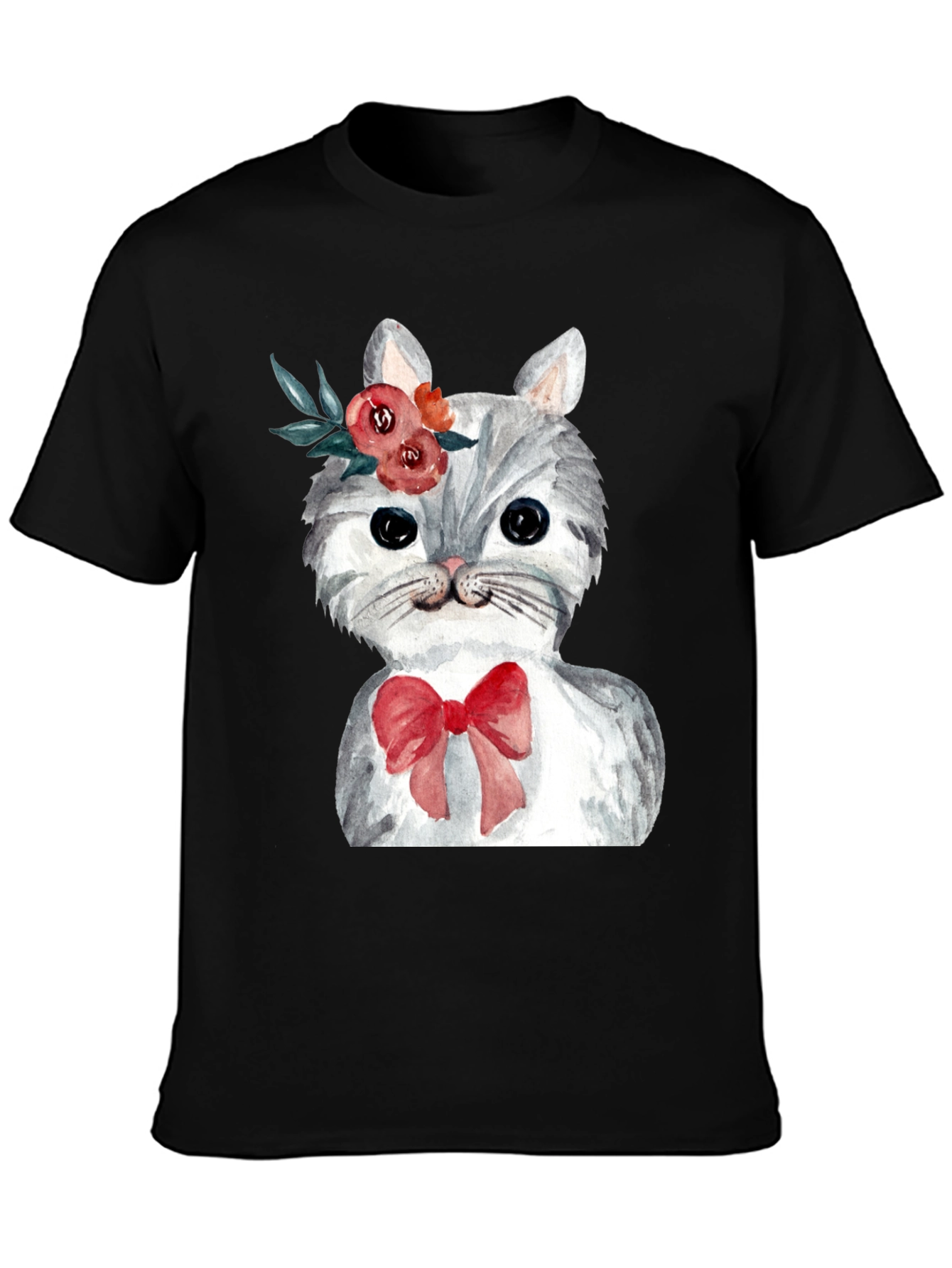 Cat with Flowers & Bow T-Shirt - Black