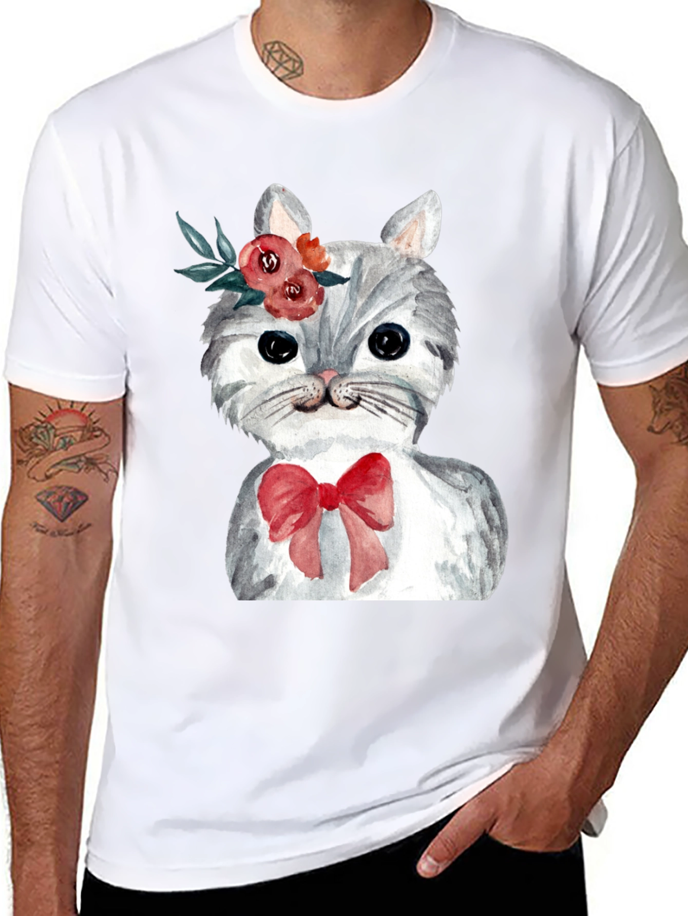 Cat with Flowers & Bow T-Shirt - Black