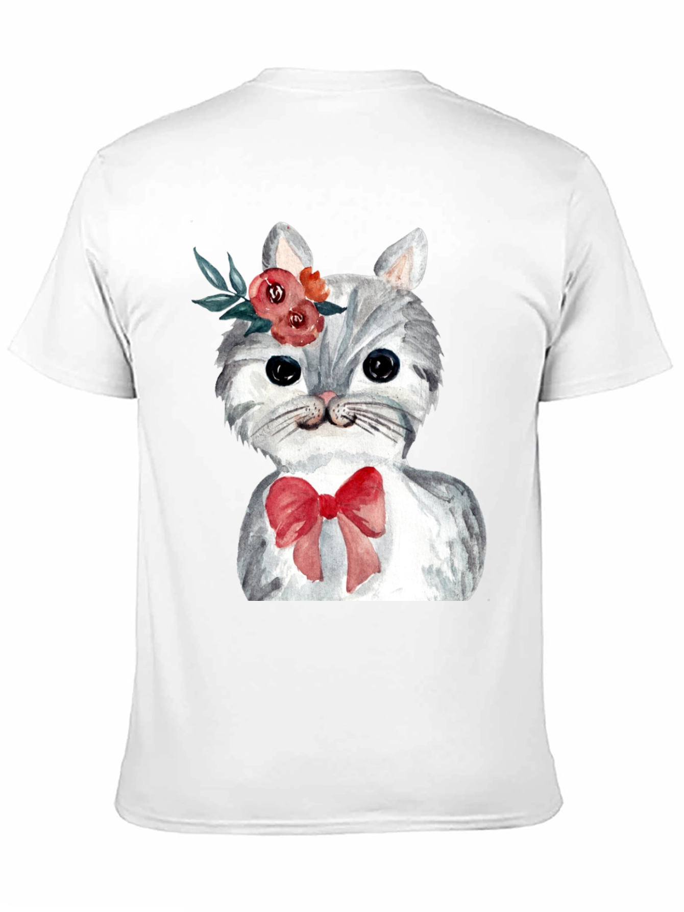 Cat with Flowers & Bow T-Shirt - Black
