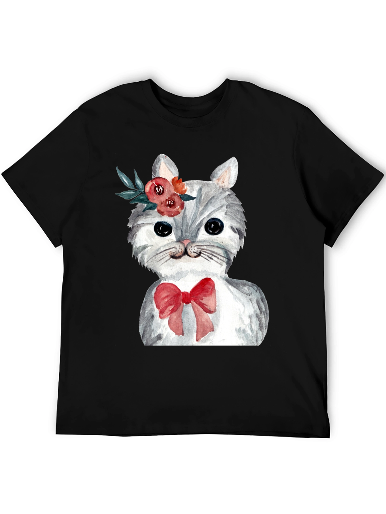 Cat with Flowers & Bow T-Shirt - Black
