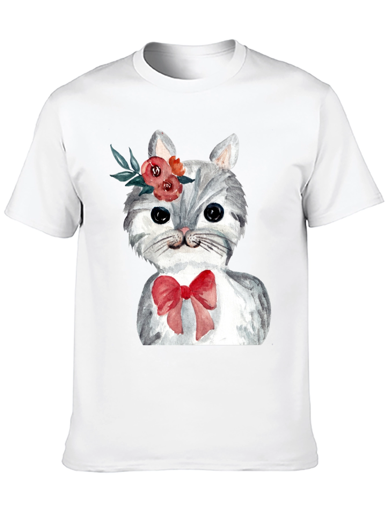 Cat with Flowers & Bow T-Shirt - Black