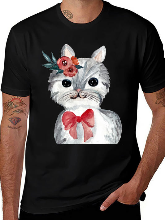 Cat with Flowers & Bow T-Shirt - Black