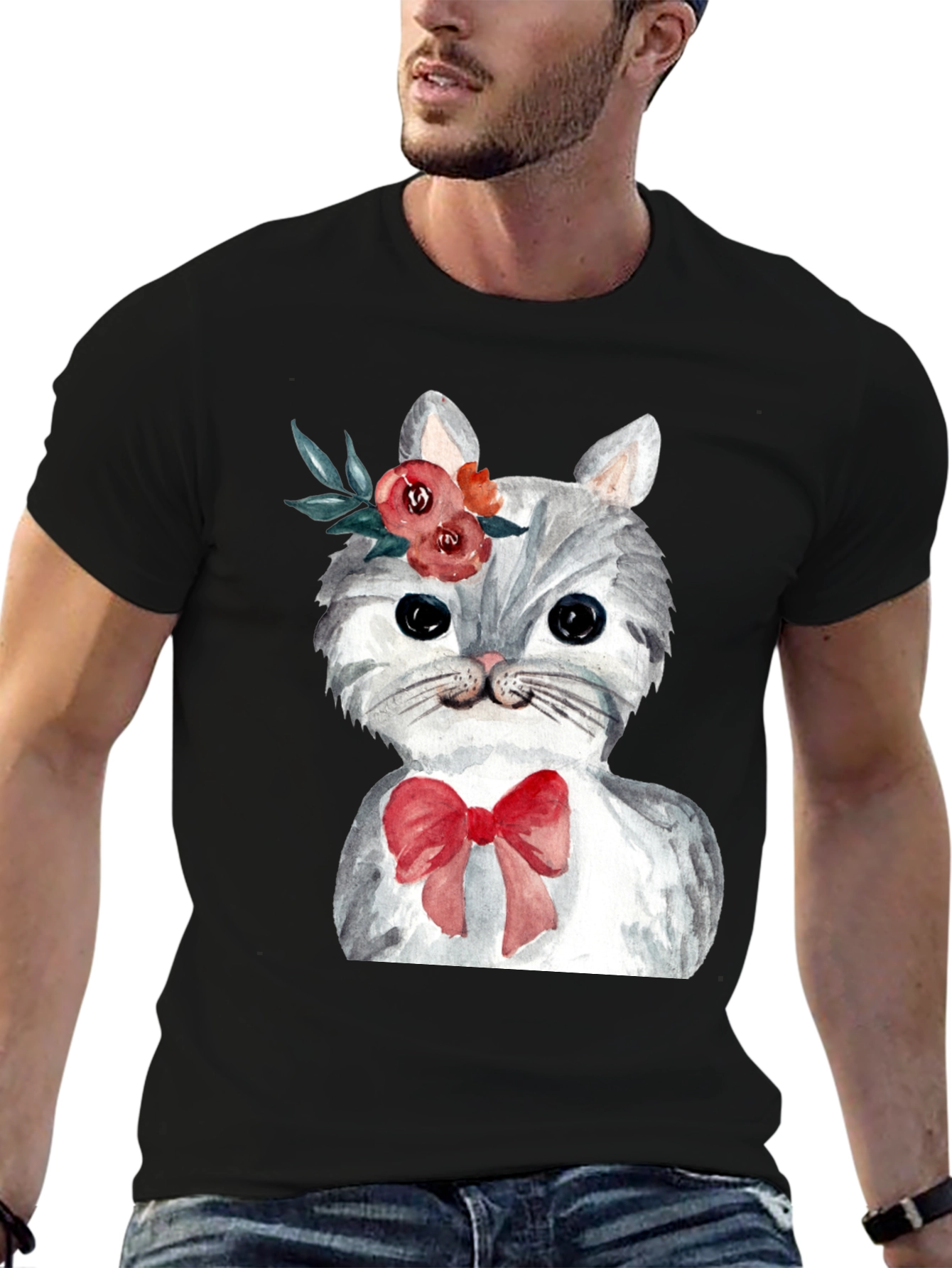 Cat with Flowers & Bow T-Shirt - Black