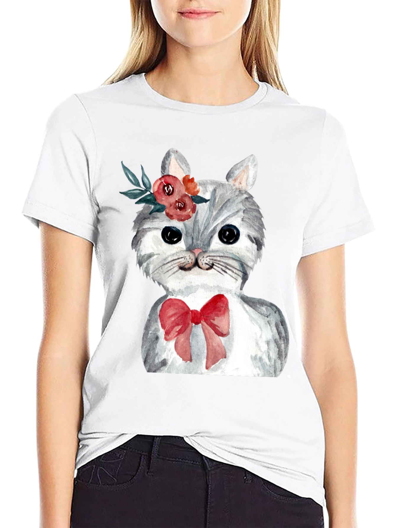 Cat with Flowers & Bow T-Shirt - Black