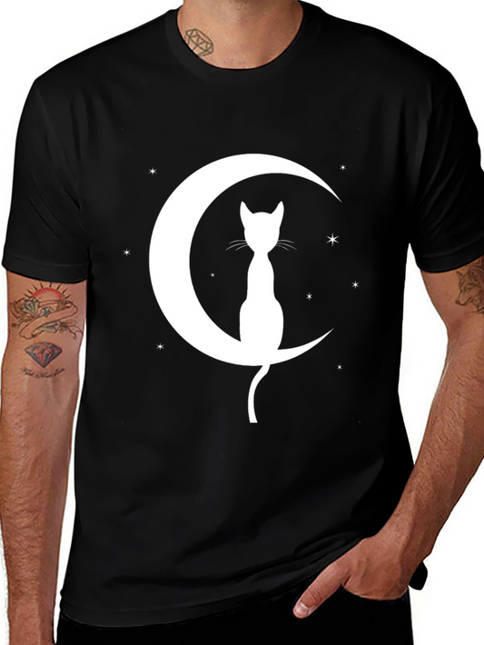 Cat on Moon Graphic Tee - Black Cotton Blend