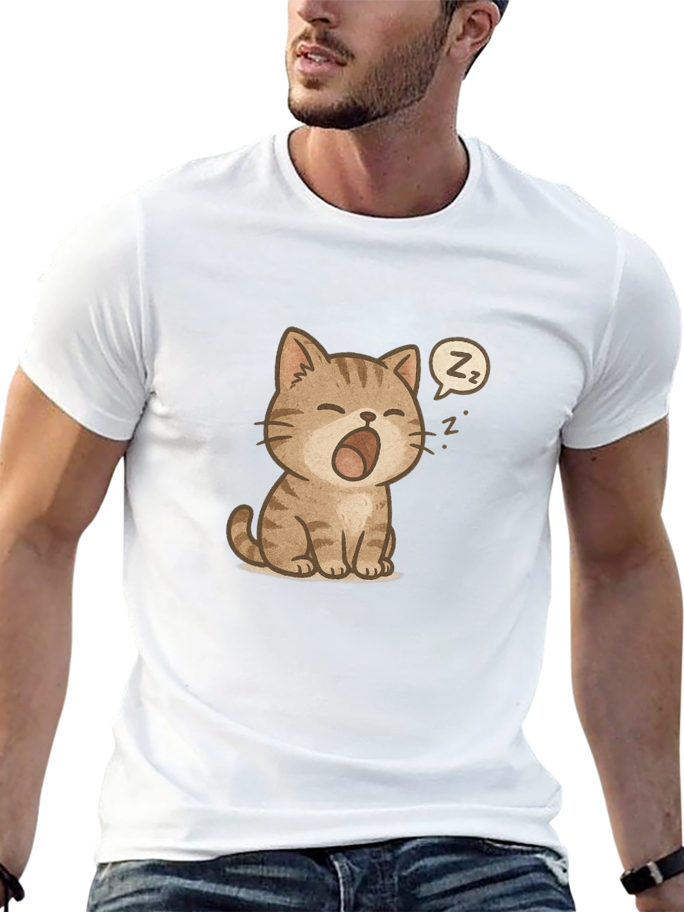 Cute Sleeping Cat Graphic Black T-Shirt