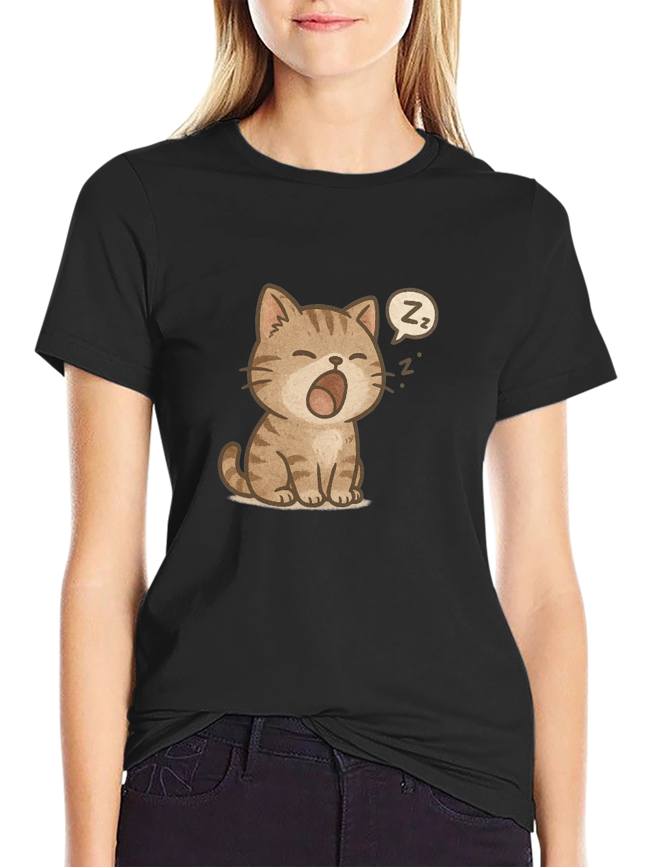 Cute Sleeping Cat Graphic Black T-Shirt