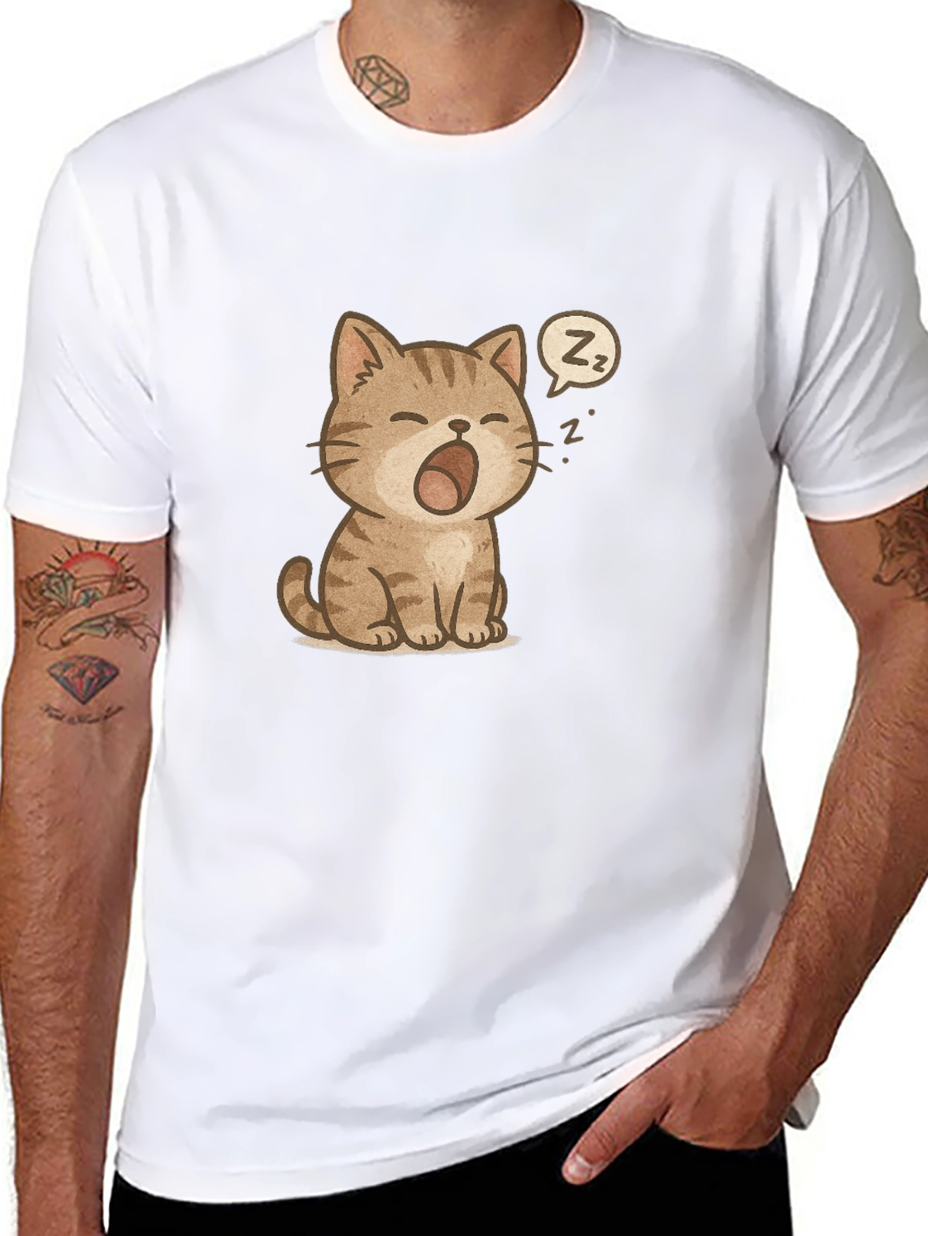 Cute Sleeping Cat Graphic Black T-Shirt
