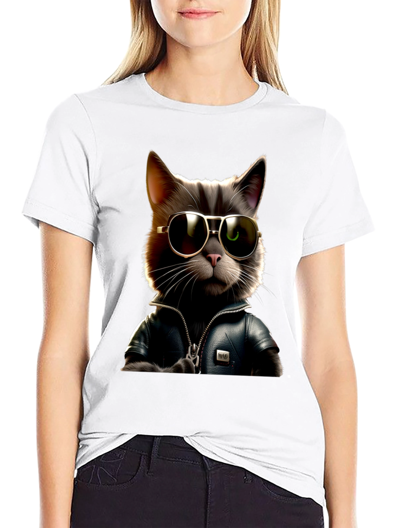 Cool Cat in Leather Jacket Graphic T-Shirt