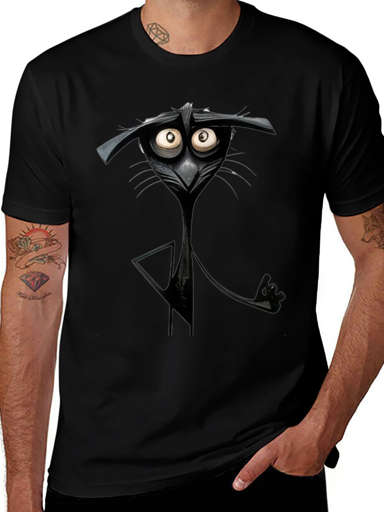 Quirky Cartoon Cat Black T-Shirt - Unique Graphic Tee