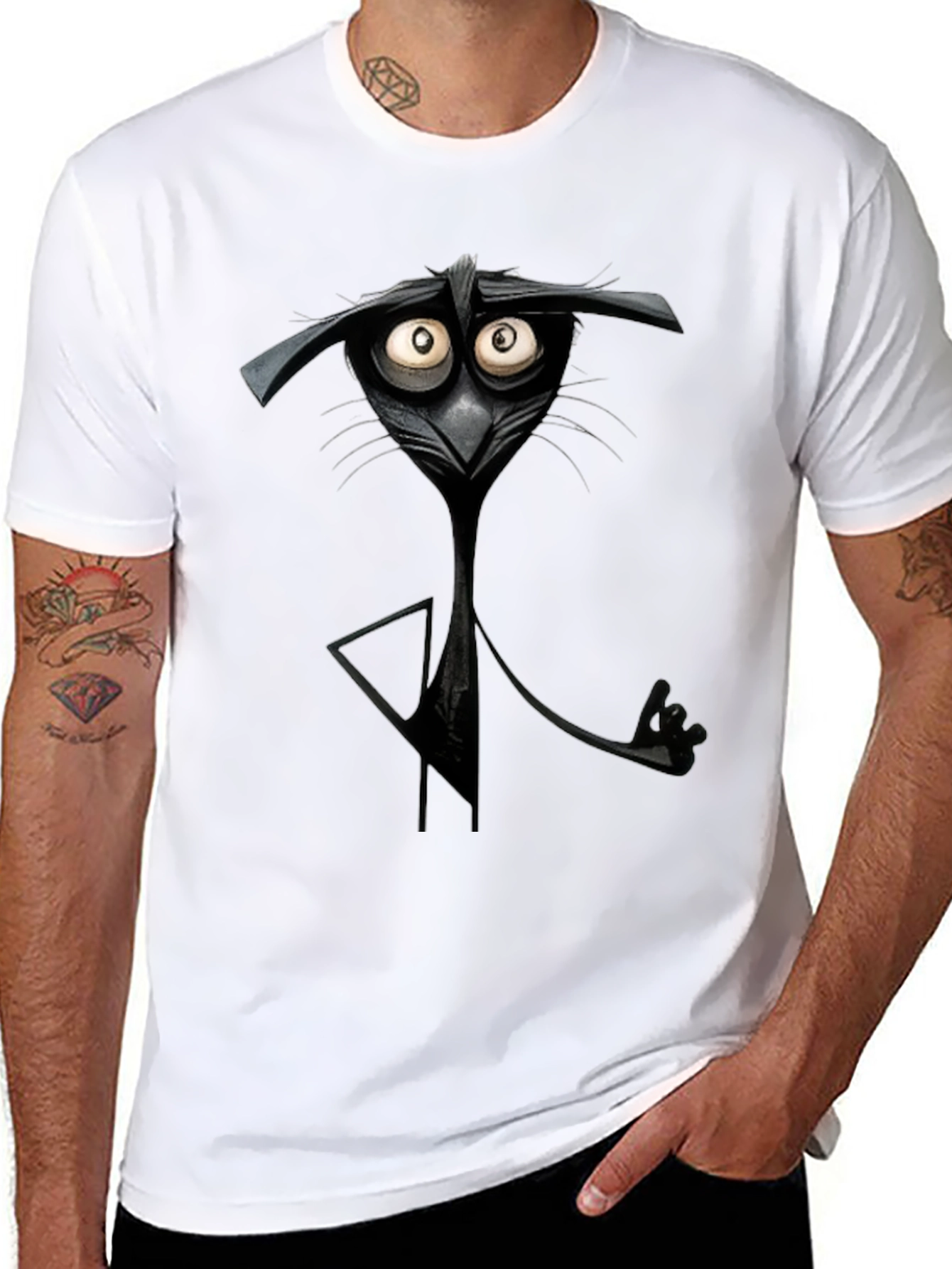 Quirky Cartoon Cat Black T-Shirt - Unique Graphic Tee