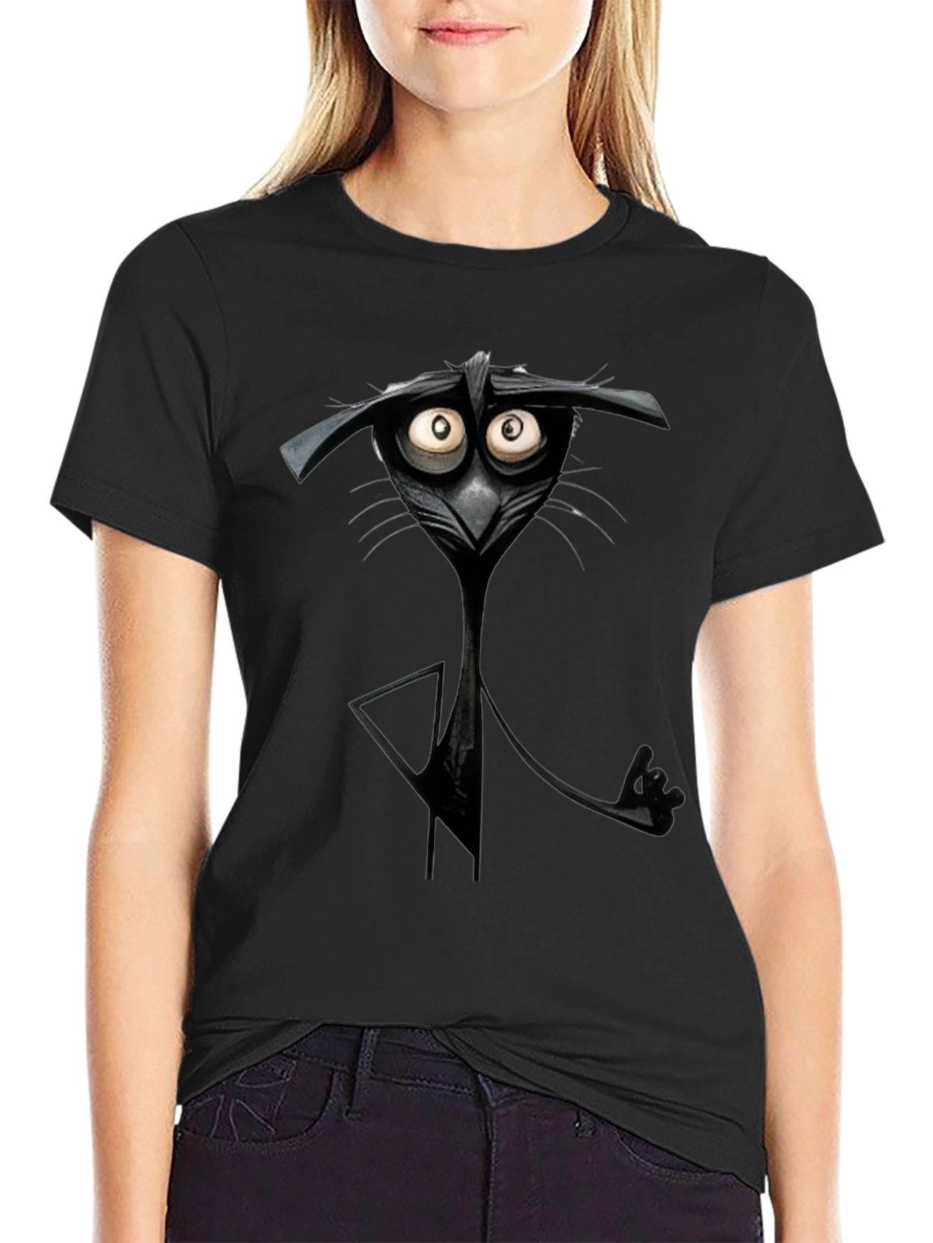 Quirky Cartoon Cat Black T-Shirt - Unique Graphic Tee