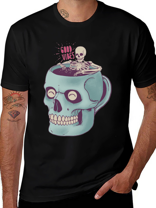 Skull Mug Skeleton Graphic Tee - Good Vibes Black T-Shirt