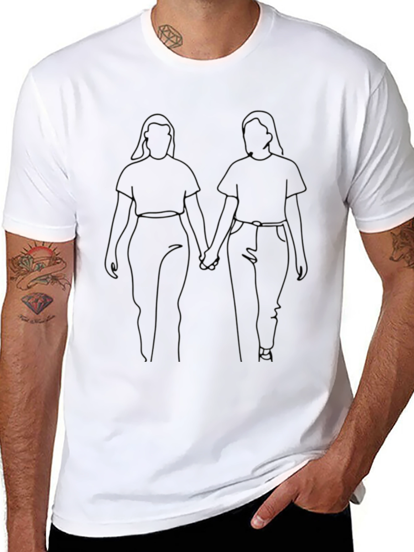 Couple Outline Art Print Black T-Shirt