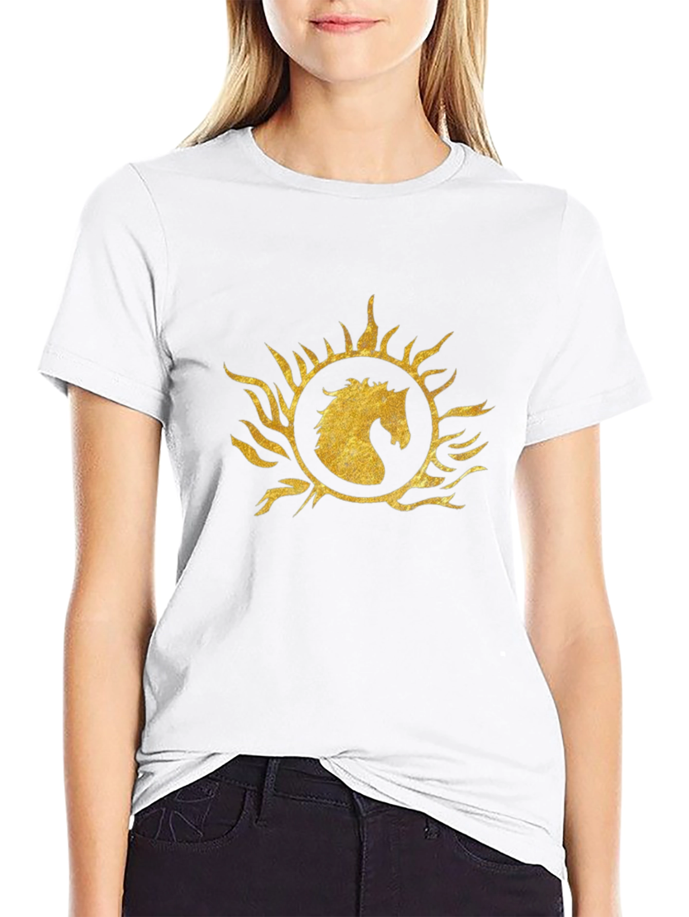 Black T-Shirt with Gold Horse Sunburst Graphic