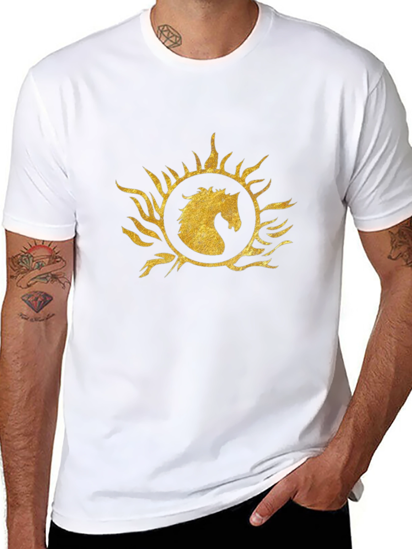 Black T-Shirt with Gold Horse Sunburst Graphic