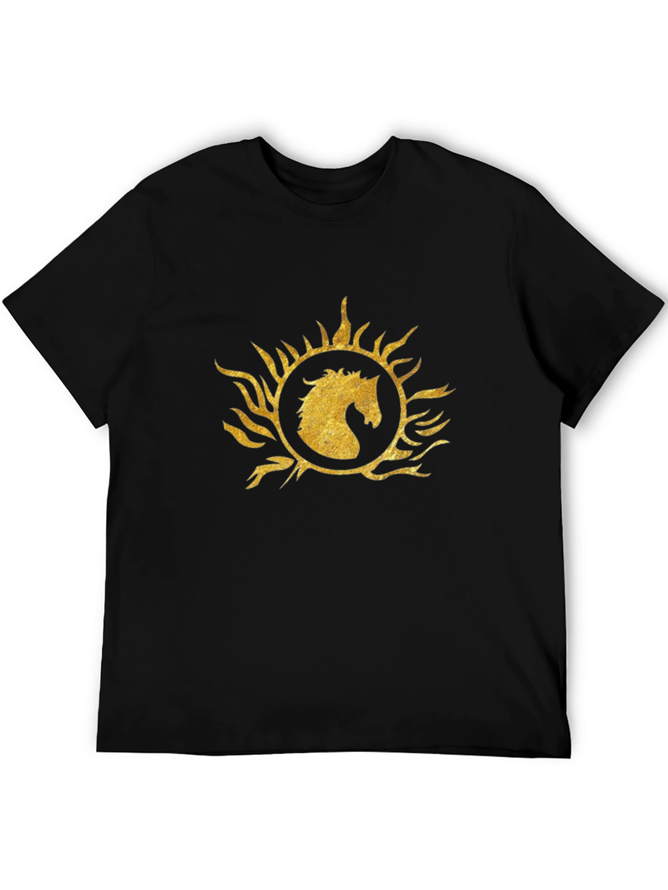 Black T-Shirt with Gold Horse Sunburst Graphic