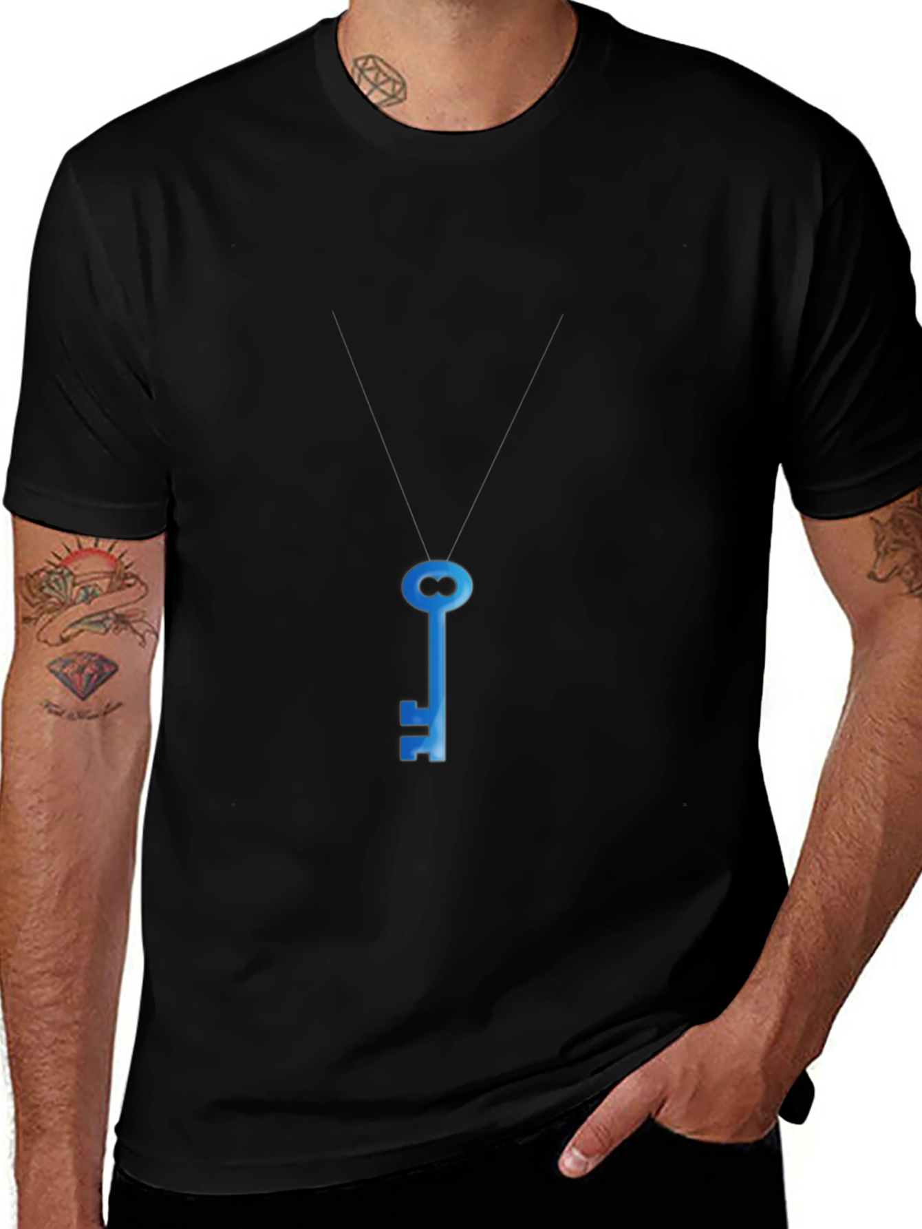 Mens Black T-Shirt with Blue Key Graphic