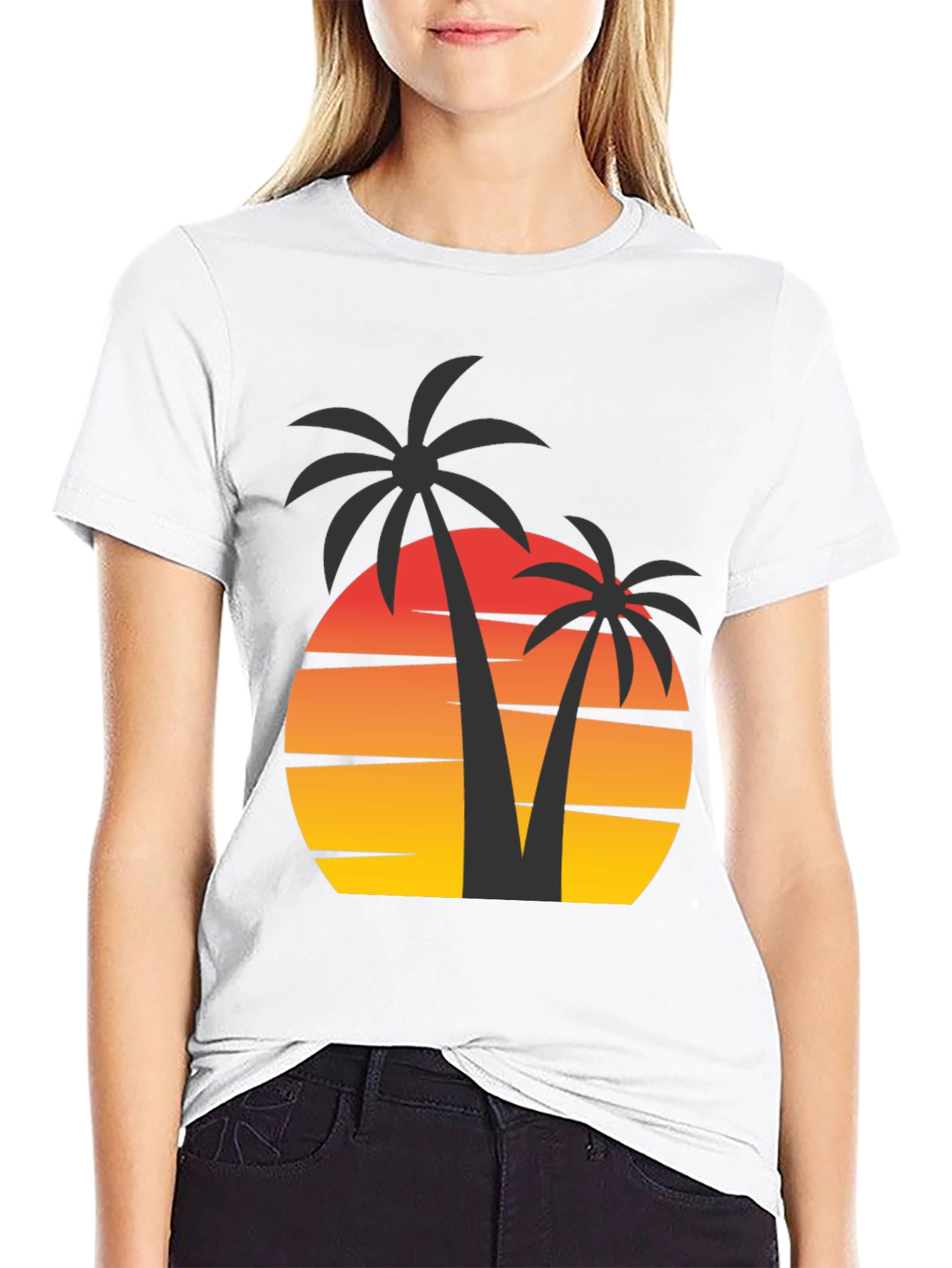 Sunset Palm Tree Graphic Tee - Black