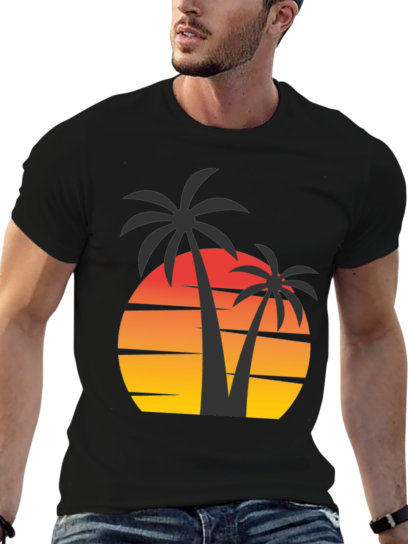 Sunset Palm Tree Graphic Tee - Black