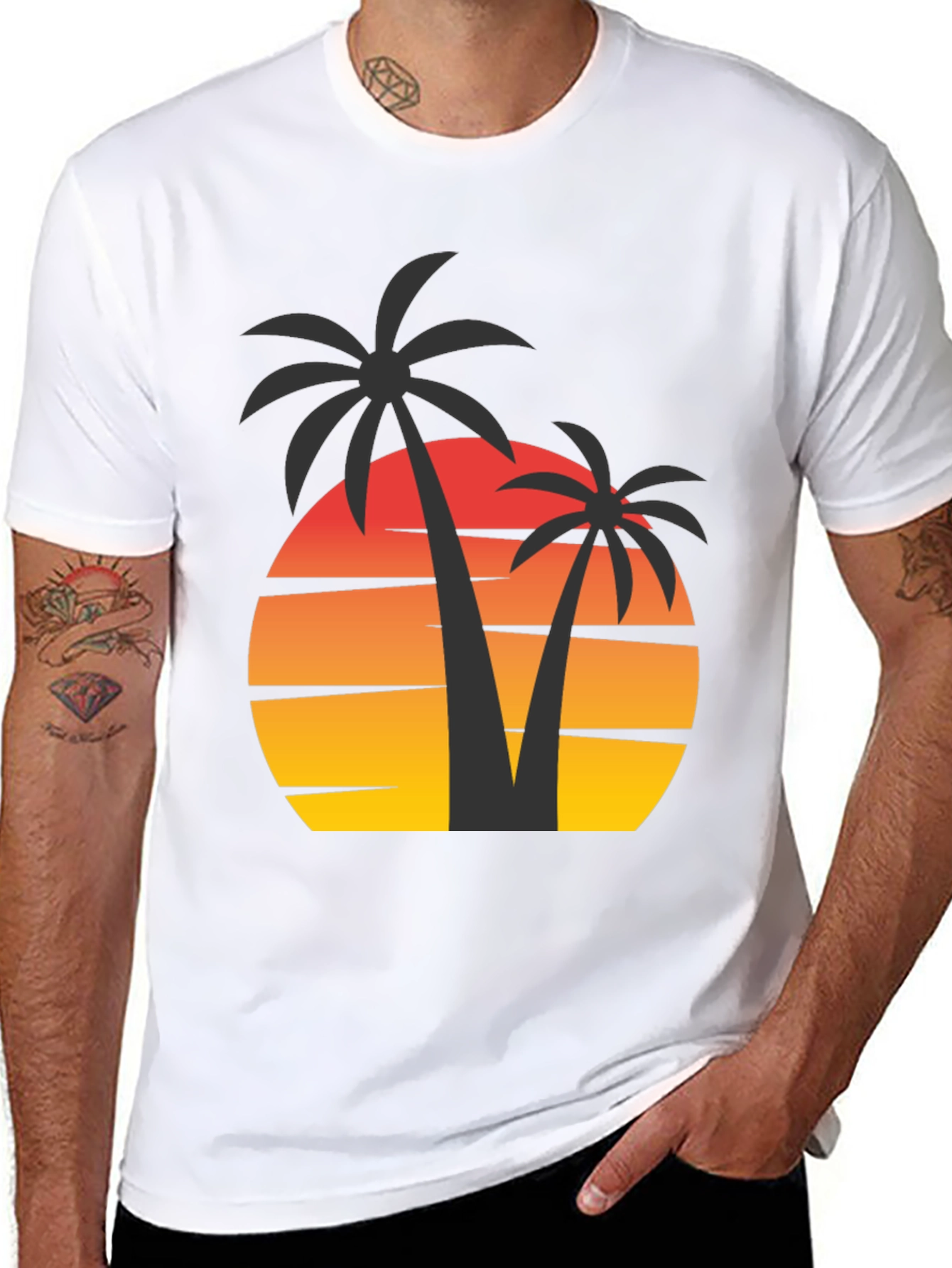 Sunset Palm Tree Graphic Tee - Black