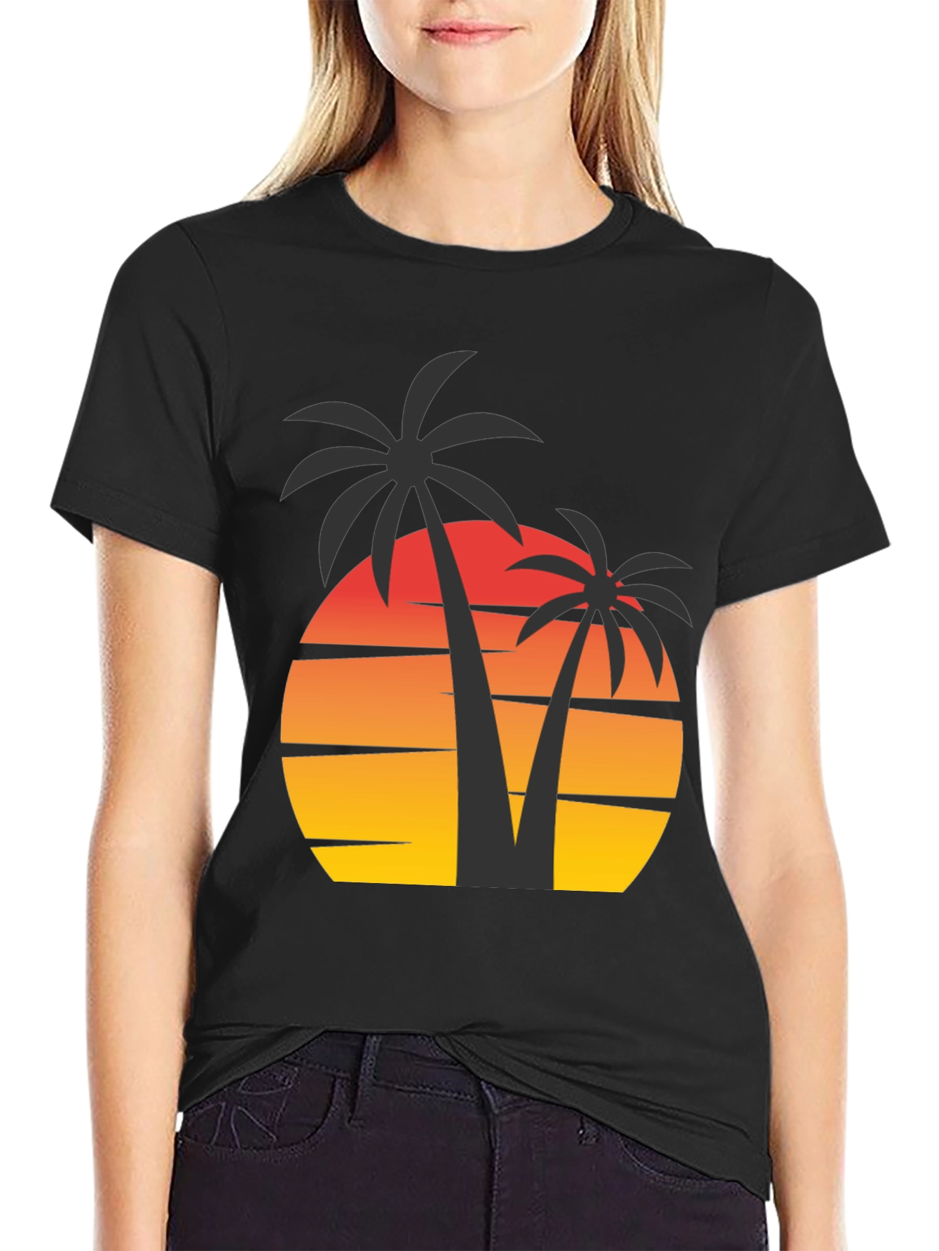 Sunset Palm Tree Graphic Tee - Black