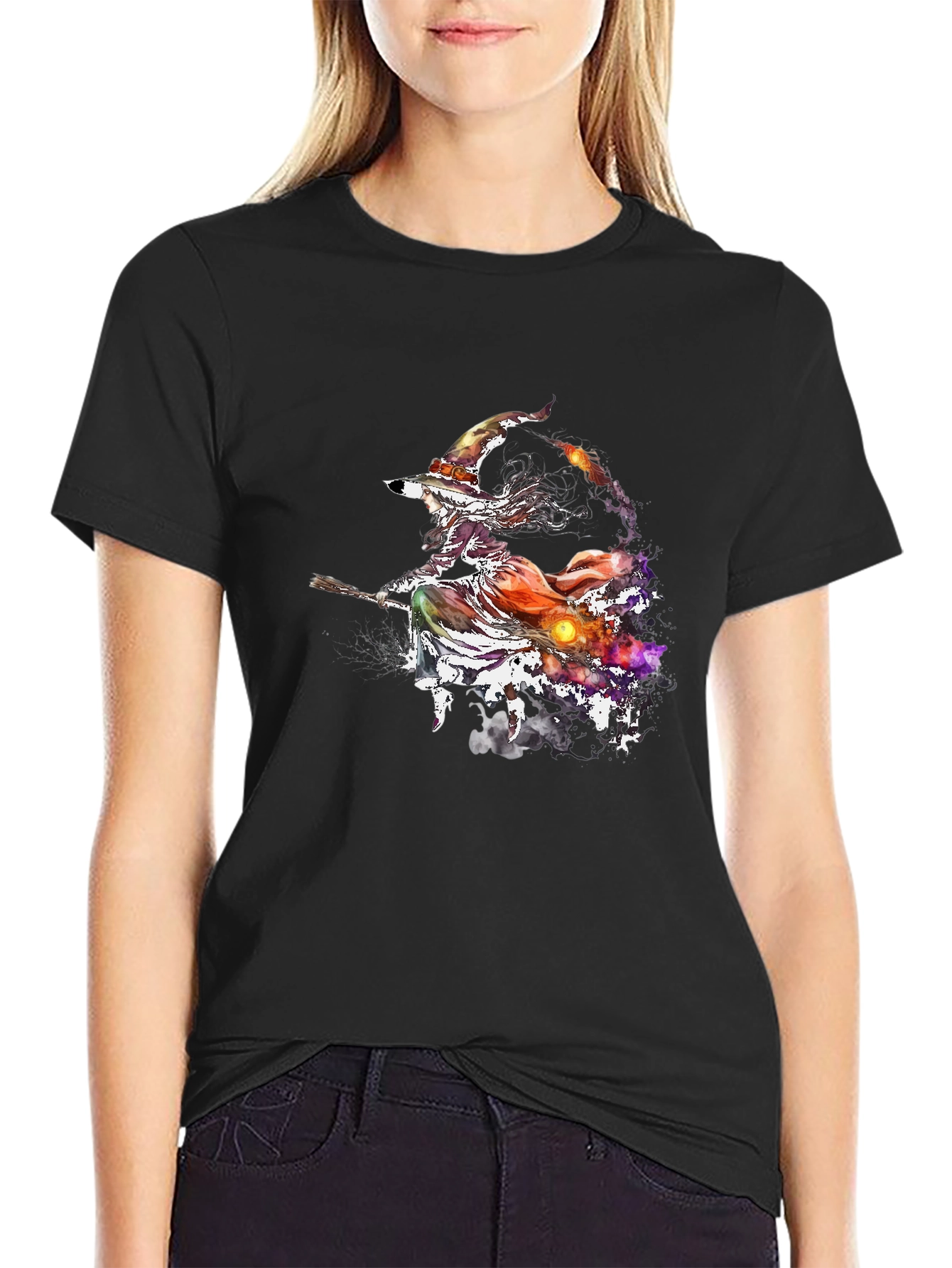 Witch on Broomstick Graphic T-Shirt - Halloween Tee