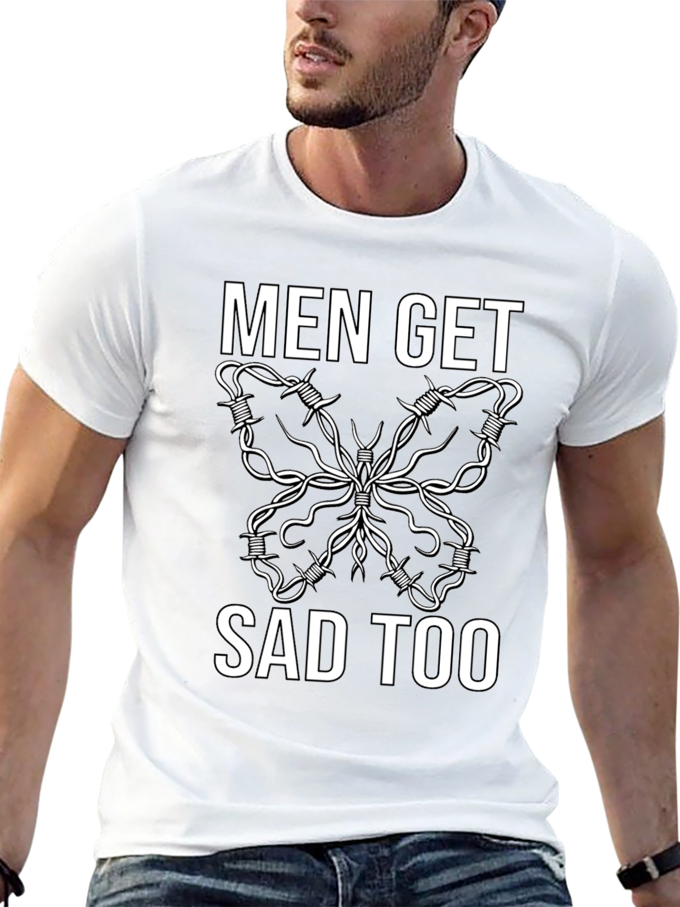 Men Get Sad Too Butterfly Barbed Wire Tee