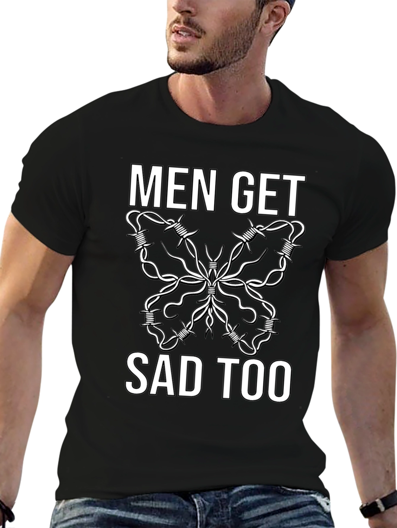 Men Get Sad Too Butterfly Barbed Wire Tee