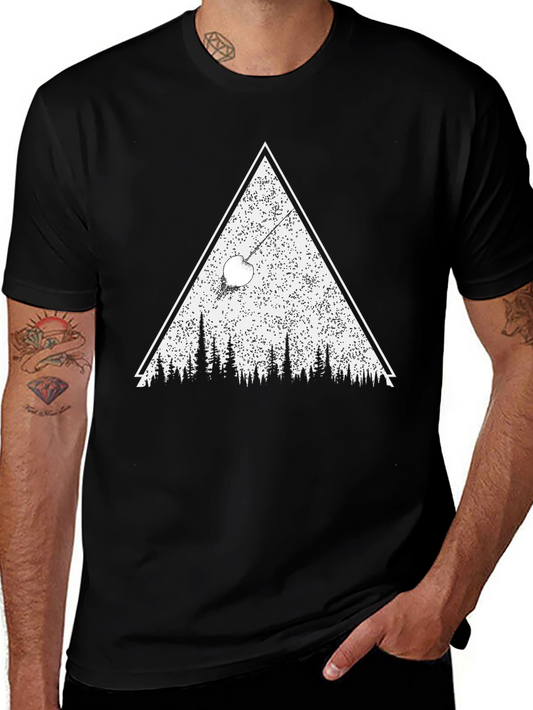 Black Tee with Triangle Forest & Falling Apple Design