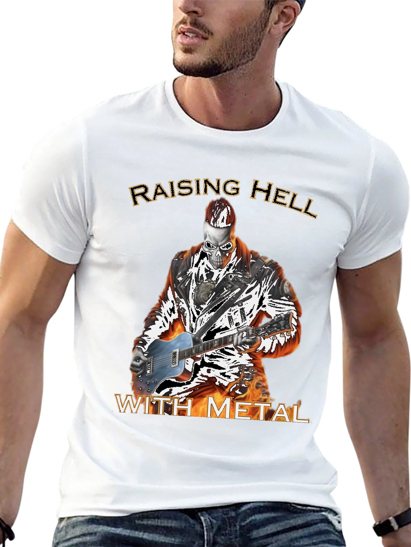 Raising Hell With Metal T-Shirt - Skull Guitarist