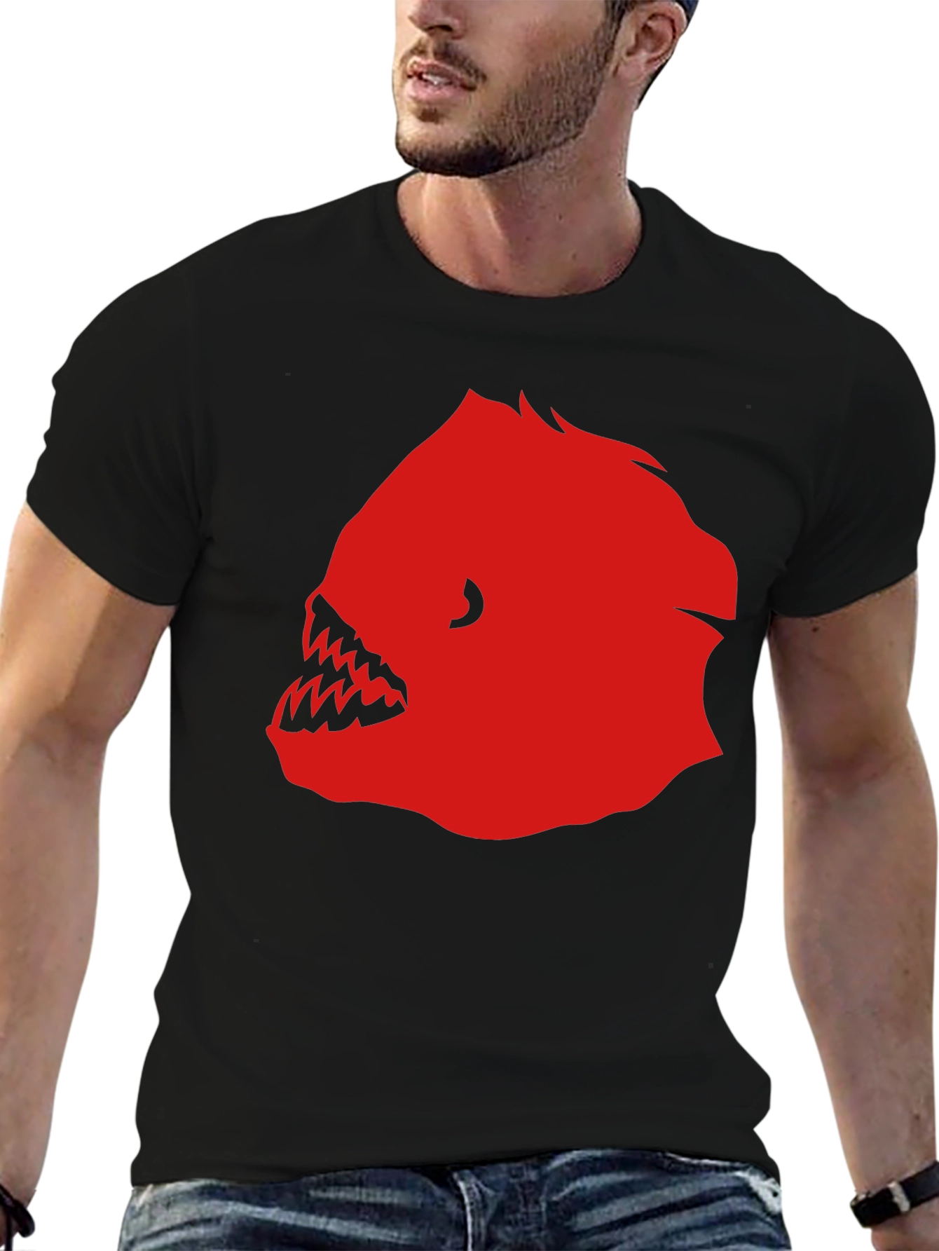 Mens Black T-Shirt with Red Graphic Fish Design