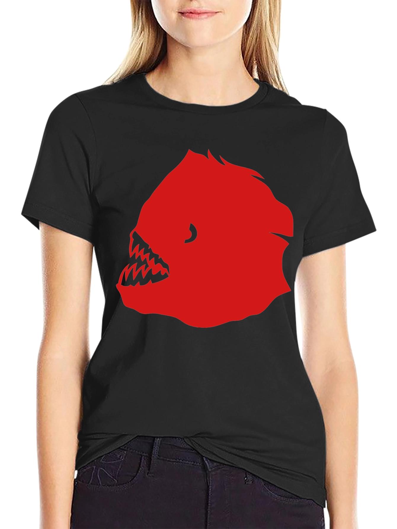 Mens Black T-Shirt with Red Graphic Fish Design
