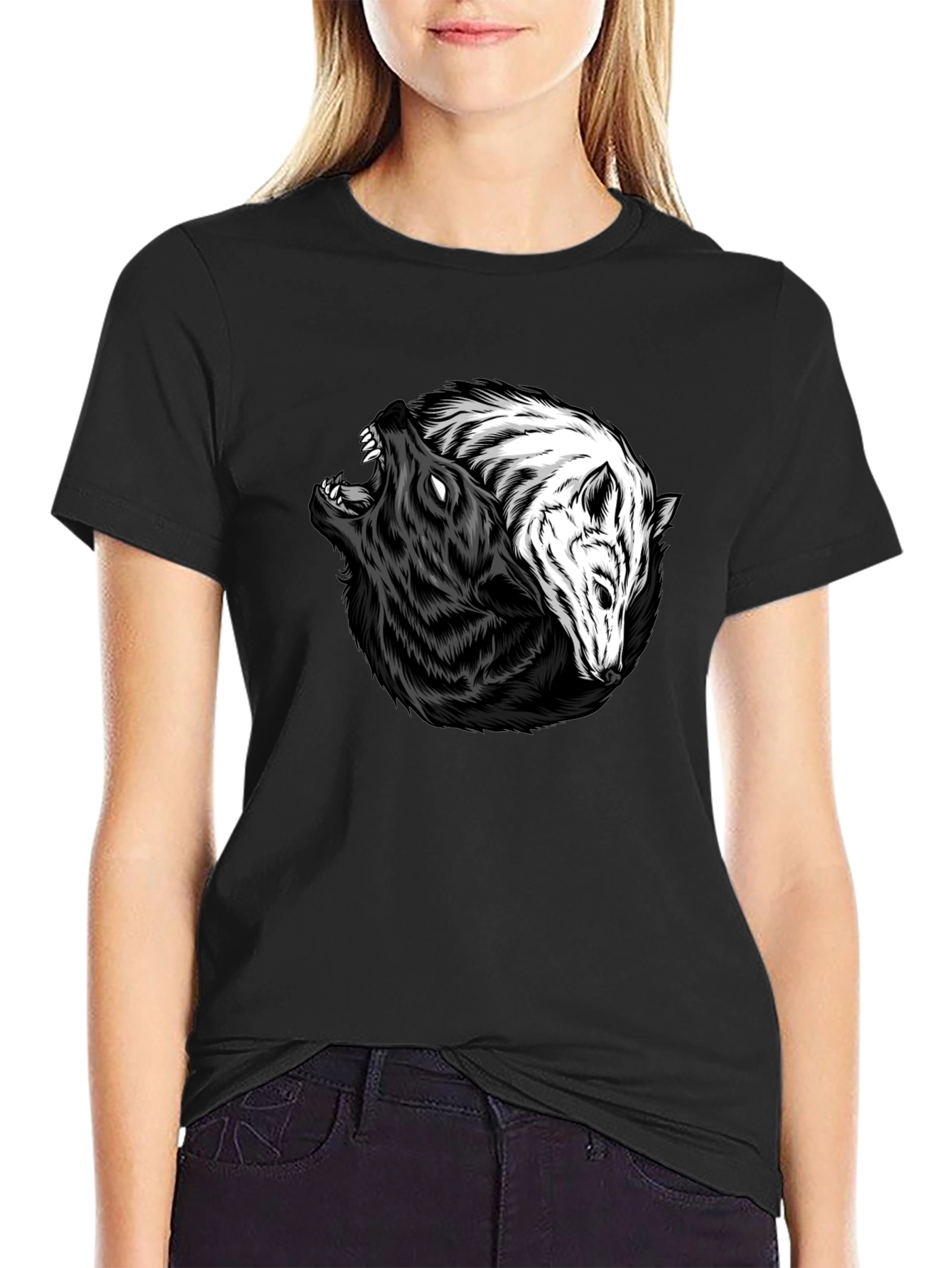 Yin Yang Wolves Graphic Tee - Black